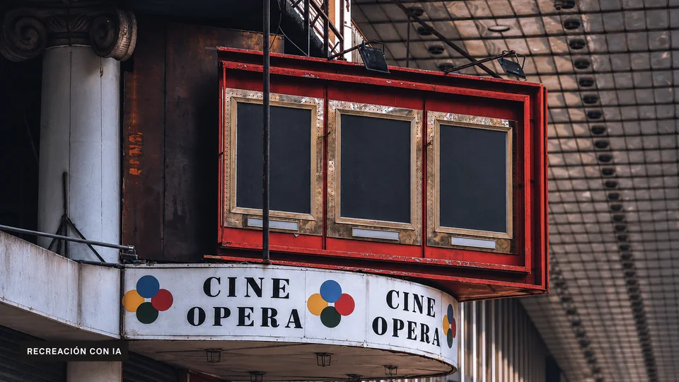 Recreación con IA de la marquesina curva del Cine Ópera y sus tres marcos de cartelera sin afiches.