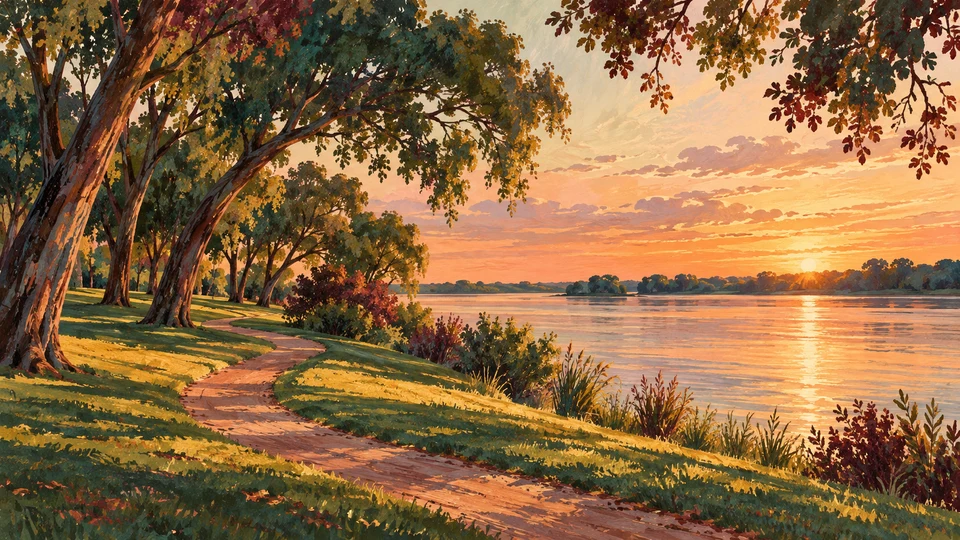 Ilustración editorial con IA inspirada en Parque General Rivera de Bella Unión: arbolado y sendero junto al río al atardecer; interpretación de rasgos documentados, no fotografía del lugar ni reproducción exacta de sus edificios, paisajes u objetos.