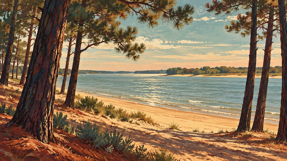 Ilustración editorial con IA inspirada en Playa Los Pinos de Bella Unión: playa fluvial enmarcada por troncos de pinos; interpretación de rasgos documentados, no fotografía del lugar ni reproducción exacta de sus edificios, paisajes u objetos.