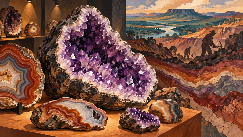 Ilustración editorial con IA inspirada en Centro Cultural Museo de la Piedra Preciosa: amatistas y ágatas en una composición mineral; interpretación de rasgos documentados, no fotografía del lugar ni reproducción exacta de sus edificios, paisajes u objetos.