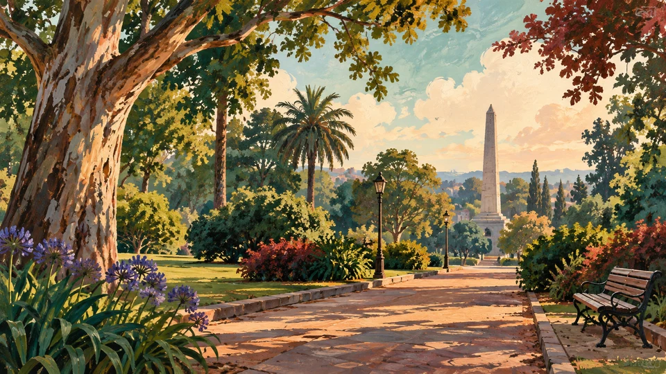 Ilustración editorial con IA inspirada en Parque Artigas de Las Piedras: paseo arbolado y silueta lejana de un obelisco; interpretación de rasgos documentados, no fotografía del lugar ni reproducción exacta de sus edificios, paisajes u objetos.