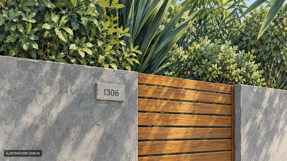 Ilustración editorial con IA del portón de listones y muro del acceso público de Dodecá, con placa 1306 y vegetación; interpretación basada en rasgos documentados, no fotografía del lugar.