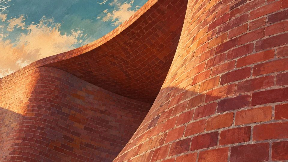 Ilustración editorial con IA inspirada en Iglesia Cristo Obrero: estudio de curvas y texturas de ladrillo; interpretación de rasgos documentados, no fotografía del lugar ni reproducción exacta de sus edificios, paisajes u objetos.