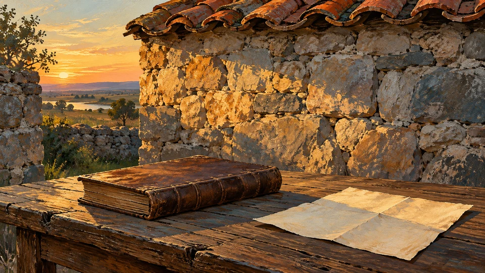 Ilustración editorial con IA inspirada en Museo General Aparicio Saravia – El Cordobés: piedra rural, tejas y documentos de memoria histórica; interpretación de rasgos documentados, no fotografía del lugar ni reproducción exacta de sus edificios, paisajes u objetos.