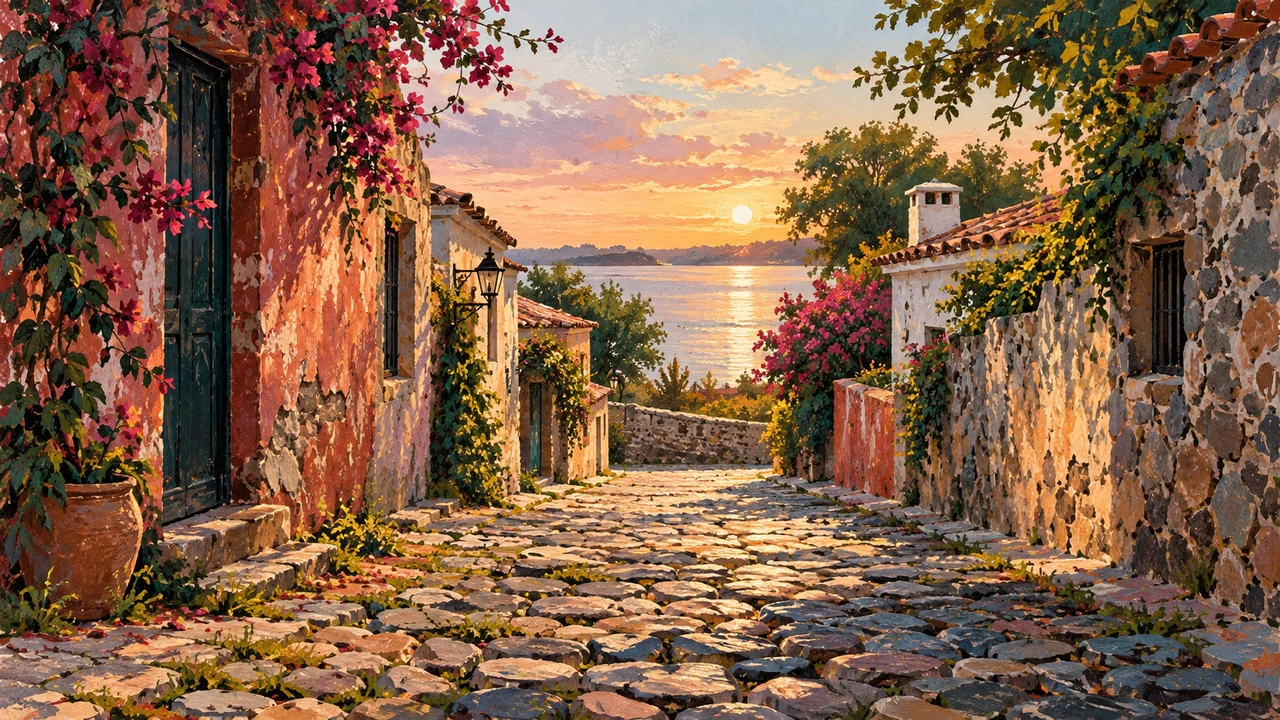 Ilustración editorial con IA inspirada en Barrio Histórico de Colonia del Sacramento: calle empedrada, muros y luz del río; interpretación de rasgos documentados, no fotografía del lugar ni reproducción exacta de sus edificios, paisajes u objetos.
