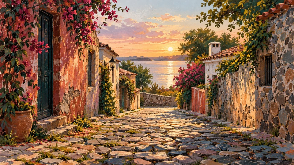 Ilustración editorial con IA inspirada en Barrio Histórico de Colonia del Sacramento: calle empedrada, muros y luz del río; interpretación de rasgos documentados, no fotografía del lugar ni reproducción exacta de sus edificios, paisajes u objetos.