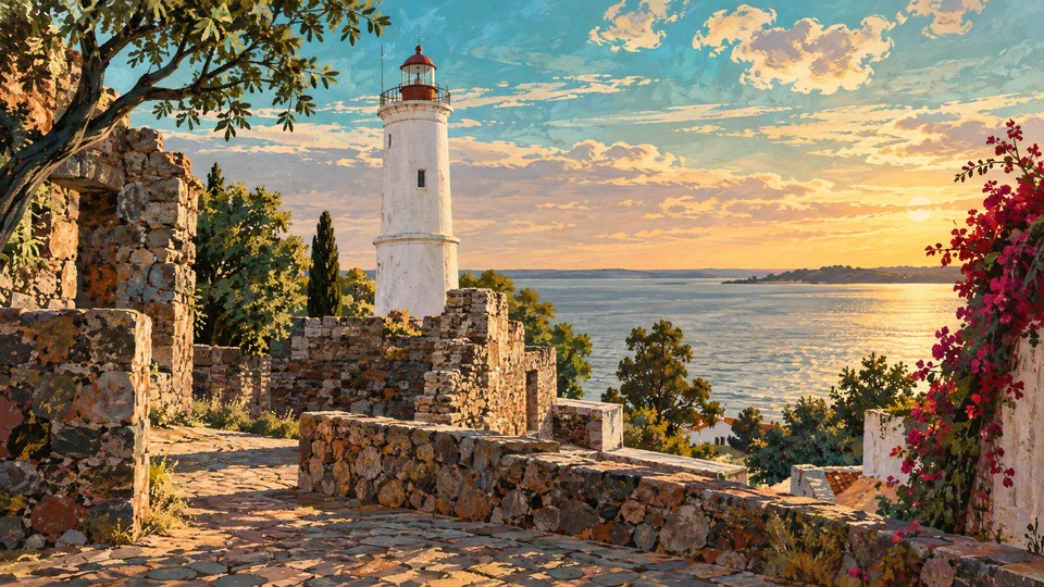 Ilustración editorial con IA inspirada en Faro de Colonia: evocación de faro blanco, piedra histórica y costa; interpretación de rasgos documentados, no fotografía del lugar ni reproducción exacta de sus edificios, paisajes u objetos.