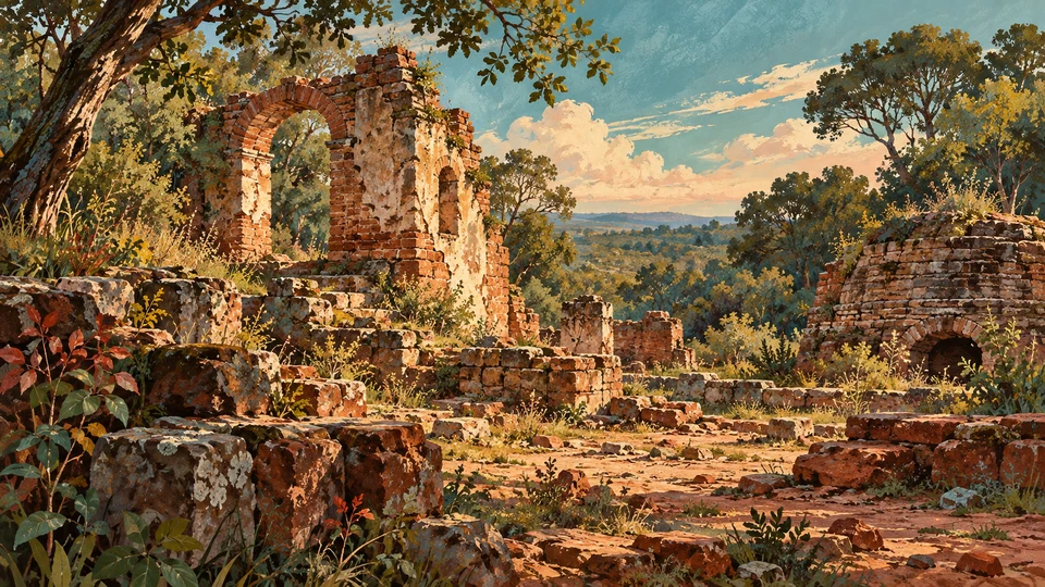 Ilustración editorial con IA inspirada en Calera de las Huérfanas: vestigios arqueológicos de mampostería entre vegetación; interpretación de rasgos documentados, no fotografía del lugar ni reproducción exacta de sus edificios, paisajes u objetos.