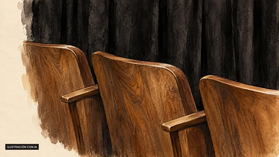 Ilustración editorial con IA de respaldos y apoyabrazos de madera del Teatro Antonio Larreta, ante un fondo de cortinados negros; interpretación basada en rasgos documentados, no fotografía del lugar.