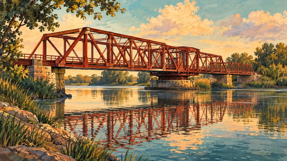 Ilustración editorial con IA inspirada en Puente Giratorio de Carmelo: estructura metálica roja sobre un arroyo; interpretación de rasgos documentados, no fotografía del lugar ni reproducción exacta de sus edificios, paisajes u objetos.