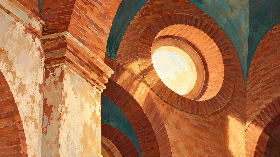 Ilustración editorial con IA inspirada en Iglesia San Pedro de Durazno: abstracción de superficies cerámicas y luz interior; interpretación de rasgos documentados, no fotografía del lugar ni reproducción exacta de sus edificios, paisajes u objetos.