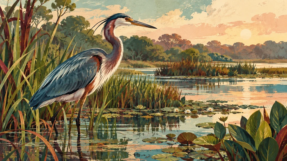 Ilustración editorial con IA inspirada en Ecoparque Talice: ave y vegetación como evocación de biodiversidad, sin asegurar una especie del recinto; interpretación de rasgos documentados, no fotografía del lugar ni reproducción exacta de sus edificios, paisajes u objetos.