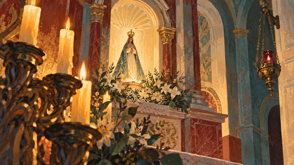Ilustración editorial con IA inspirada en Catedral Basílica de Florida: composición devocional simbólica con luz de velas; interpretación de rasgos documentados, no fotografía del lugar ni reproducción exacta de sus edificios, paisajes u objetos.