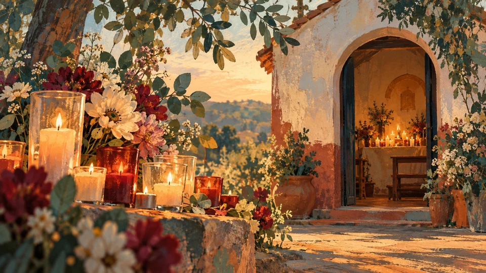 Ilustración editorial con IA inspirada en Capilla de San Cono: velas, flores y arco como evocación de devoción; interpretación de rasgos documentados, no fotografía del lugar ni reproducción exacta de sus edificios, paisajes u objetos.