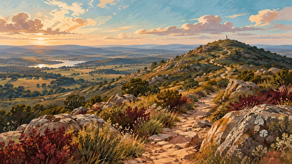 Ilustración editorial con IA inspirada en Cerro y Santuario del Verdún: sendero ascendente y silueta devocional distante; interpretación de rasgos documentados, no fotografía del lugar ni reproducción exacta de sus edificios, paisajes u objetos.