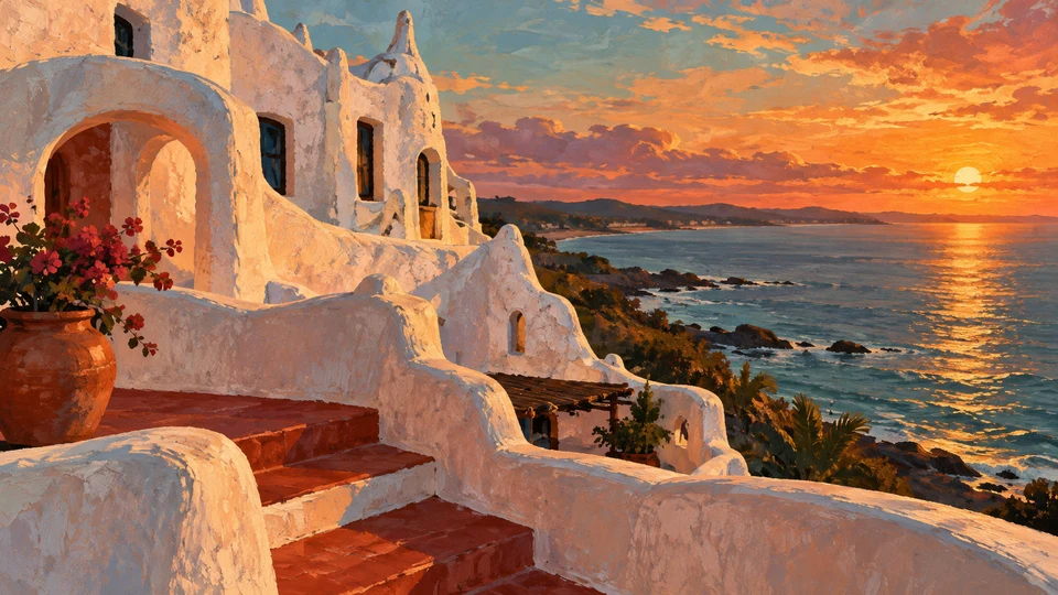 Ilustración editorial con IA inspirada en Museo Casapueblo: curvas blancas y terrazas sugeridas frente a la costa; interpretación de rasgos documentados, no fotografía del lugar ni reproducción exacta de sus edificios, paisajes u objetos.