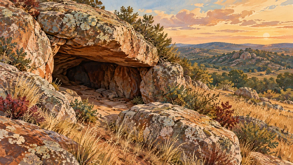 Ilustración editorial con IA inspirada en Grutas de Salamanca: entrada de cueva entre granito y pastizal; interpretación de rasgos documentados, no fotografía del lugar ni reproducción exacta de sus edificios, paisajes u objetos.