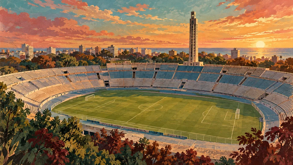 Ilustración editorial con IA inspirada en Estadio Centenario: cancha, tribunas y silueta de la Torre de los Homenajes; interpretación de rasgos documentados, no fotografía del lugar ni reproducción exacta de sus edificios, paisajes u objetos.