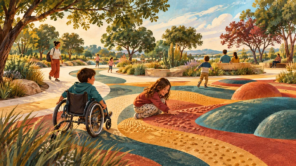 Ilustración editorial con IA inspirada en Parque de la Amistad: recorridos curvos y superficies de juego inclusivo; interpretación de rasgos documentados, no fotografía del lugar ni reproducción exacta de sus edificios, paisajes u objetos.