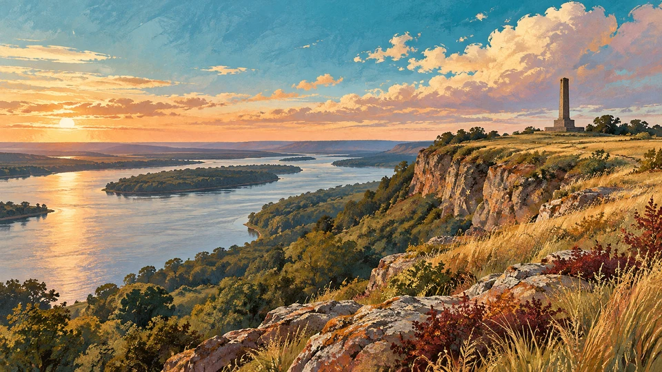 Ilustración editorial con IA inspirada en Meseta de Artigas: barranca arbolada sobre el río y monumento distante; interpretación de rasgos documentados, no fotografía del lugar ni reproducción exacta de sus edificios, paisajes u objetos.