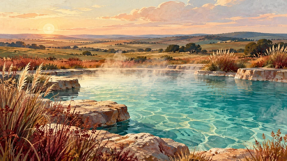 Ilustración editorial con IA inspirada en Termas de Almirón: agua termal y entorno rural sugeridos, no instalaciones de un alojamiento concreto; interpretación de rasgos documentados, no fotografía del lugar ni reproducción exacta de sus edificios, paisajes u objetos.
