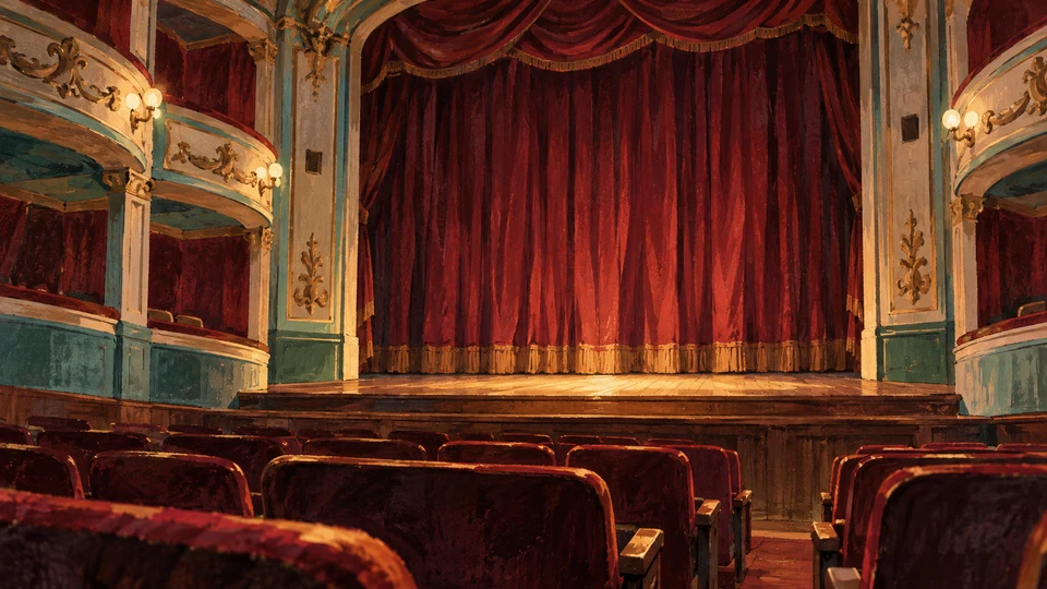 Ilustración editorial con IA inspirada en Teatro Florencio Sánchez: telón, escenario y luz teatral en composición evocativa; interpretación de rasgos documentados, no fotografía del lugar ni reproducción exacta de sus edificios, paisajes u objetos.