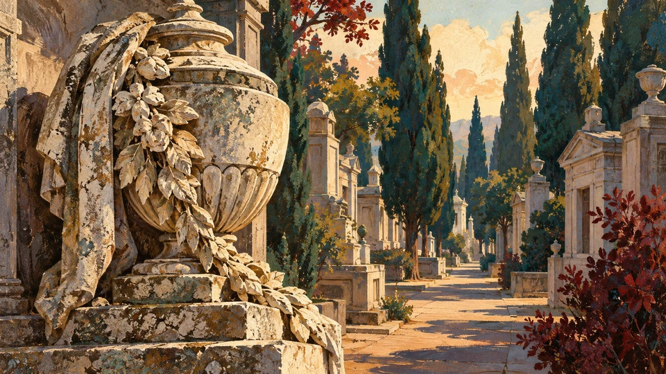 Ilustración editorial con IA inspirada en Monumento a la Perpetuidad: piedra ornamental y paseo conmemorativo sin tumbas identificadas; interpretación de rasgos documentados, no fotografía del lugar ni reproducción exacta de sus edificios, paisajes u objetos.