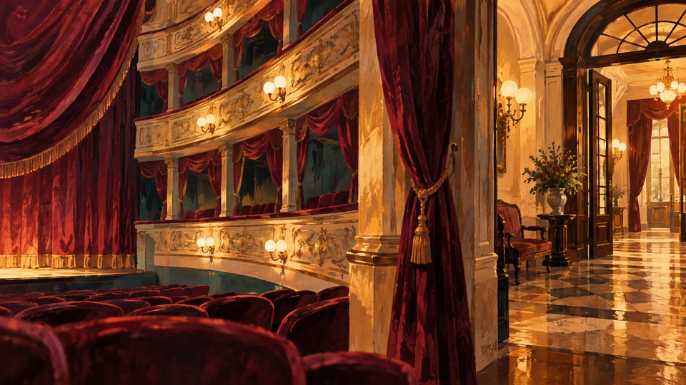 Ilustración editorial con IA inspirada en Teatro Miguel Young: texturas de madera, terciopelo y luz teatral; interpretación de rasgos documentados, no fotografía del lugar ni reproducción exacta de sus edificios, paisajes u objetos.