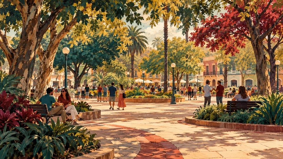 Ilustración editorial con IA inspirada en Plaza Internacional: plaza arbolada y caminos de encuentro; interpretación de rasgos documentados, no fotografía del lugar ni reproducción exacta de sus edificios, paisajes u objetos.