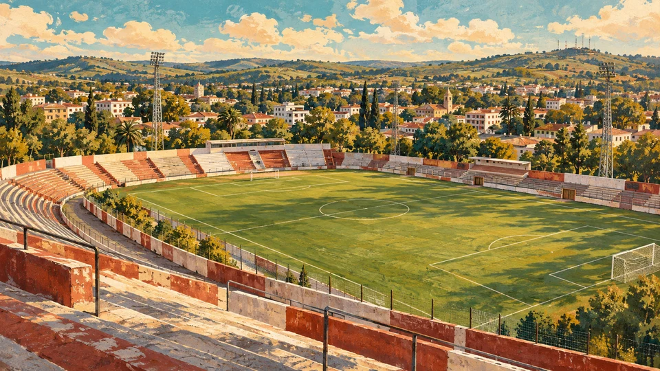 Ilustración editorial con IA inspirada en Estadio Atilio Paiva Olivera: cancha y tribunas como evocación de historia deportiva; interpretación de rasgos documentados, no fotografía del lugar ni reproducción exacta de sus edificios, paisajes u objetos.