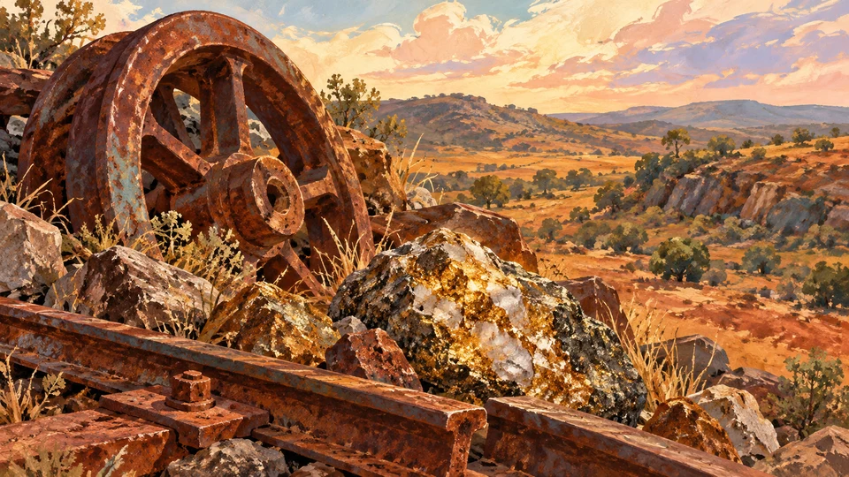 Ilustración editorial con IA inspirada en Minas de Corrales: piezas de hierro y minerales como evocación minera; interpretación de rasgos documentados, no fotografía del lugar ni reproducción exacta de sus edificios, paisajes u objetos.