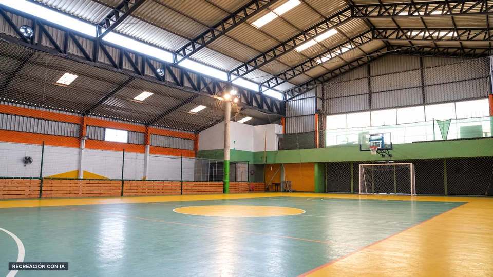 Recreación con IA del gimnasio del Complejo SACUDE, con cancha verde y amarilla, cerchas metálicas y luz de claraboyas.