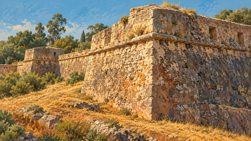 Ilustración editorial con IA inspirada en Fortaleza de Santa Teresa: muro defensivo de piedra y talud de pasto; interpretación de rasgos documentados, no fotografía del lugar ni reproducción exacta de sus edificios, paisajes u objetos.