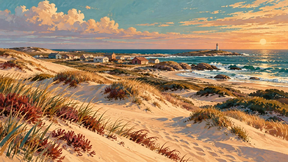 Ilustración editorial con IA inspirada en Cabo Polonio: dunas, poblado y costa oceánica sugeridos; interpretación de rasgos documentados, no fotografía del lugar ni reproducción exacta de sus edificios, paisajes u objetos.