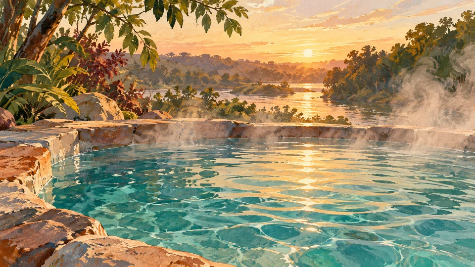 Ilustración editorial con IA inspirada en Termas del Daymán: agua y vapor como evocación termal, no piscina de un establecimiento concreto; interpretación de rasgos documentados, no fotografía del lugar ni reproducción exacta de sus edificios, paisajes u objetos.