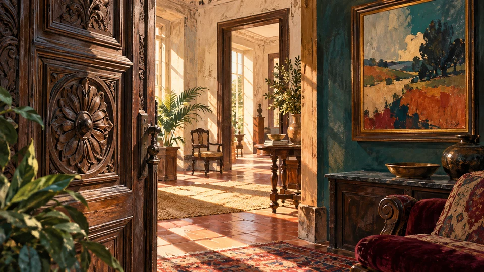 Ilustración editorial con IA inspirada en Museo María Irene Olarreaga Gallino: ebanistería y arte en un interior histórico evocativo; interpretación de rasgos documentados, no fotografía del lugar ni reproducción exacta de sus edificios, paisajes u objetos.