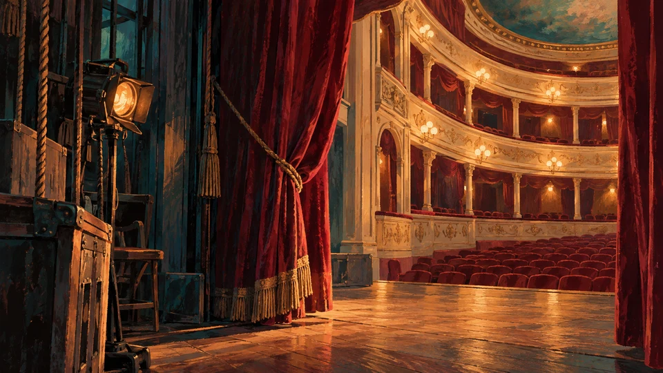 Ilustración editorial con IA inspirada en Teatro Macció: telón y curvas de un auditorio teatral interpretado; interpretación de rasgos documentados, no fotografía del lugar ni reproducción exacta de sus edificios, paisajes u objetos.