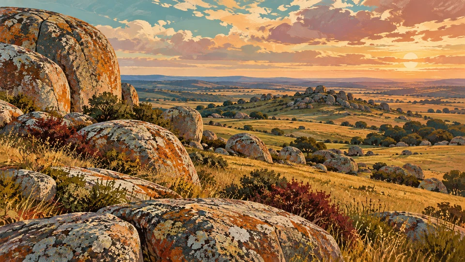 Ilustración editorial con IA inspirada en Sierras de Mahoma: grandes rocas redondeadas entre pastizales; interpretación de rasgos documentados, no fotografía del lugar ni reproducción exacta de sus edificios, paisajes u objetos.