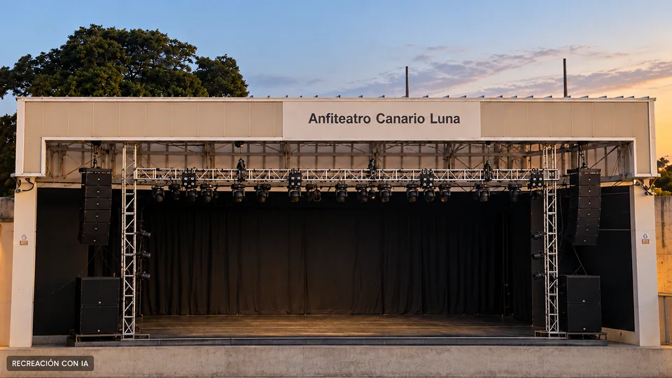 Recreación con IA del escenario del Anfiteatro Canario Luna al atardecer, con marco claro, estructura metálica y telón negro.