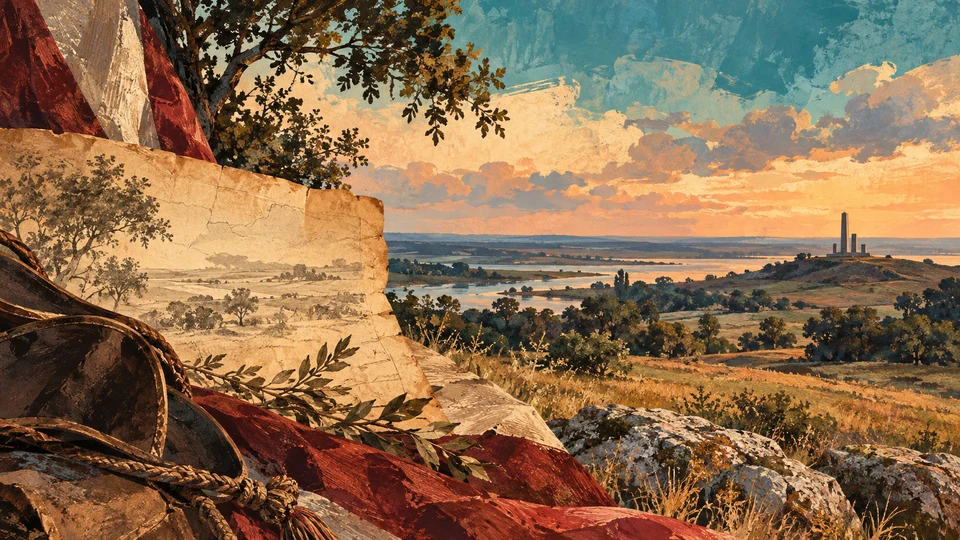 Ilustración editorial con IA inspirada en Sitio Histórico de Asencio: paisaje rural y memoria documental de Asencio; interpretación de rasgos documentados, no fotografía del lugar ni reproducción exacta de sus edificios, paisajes u objetos.