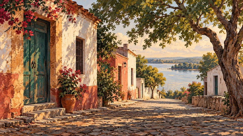 Ilustración editorial con IA inspirada en Villa Soriano: calle tranquila y construcciones bajas de un poblado ribereño; interpretación de rasgos documentados, no fotografía del lugar ni reproducción exacta de sus edificios, paisajes u objetos.