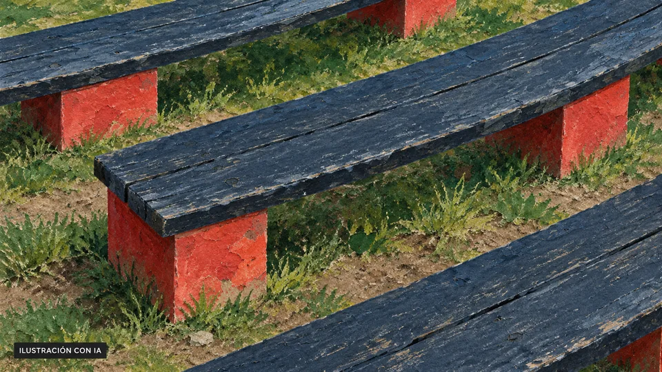 Ilustración editorial con IA de bancos de madera con apoyos rojos de Monte de la Francesa, según el detalle inferior derecho de la referencia de enero de 2022; no acredita estado actual; interpretación basada en rasgos documentados, no fotografía del lugar.