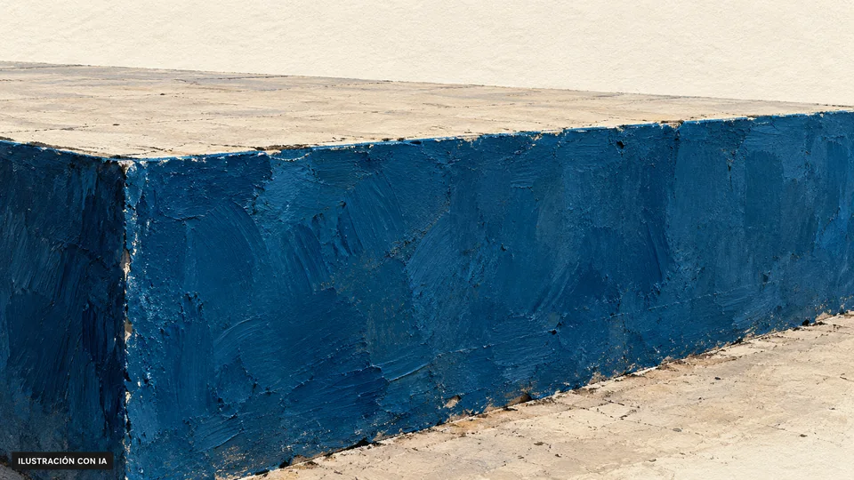 Ilustración editorial con IA del frente azul del escenario de Punta de Rieles, según evidencia histórica del contexto de 2018; no acredita pintura o montaje actual; interpretación basada en rasgos documentados, no fotografía del lugar.