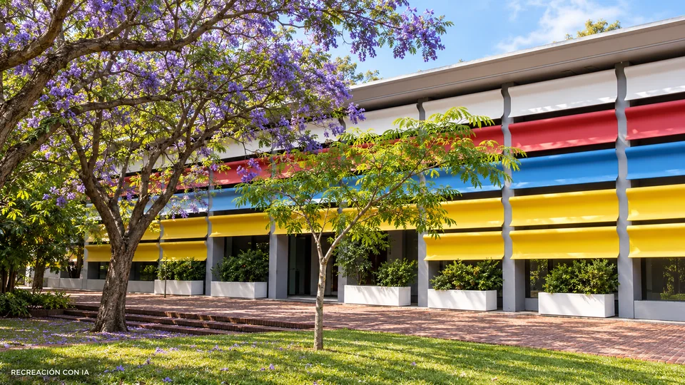 Recreación con IA de la fachada de colores y el jardín del Museo Nacional de Artes Visuales.