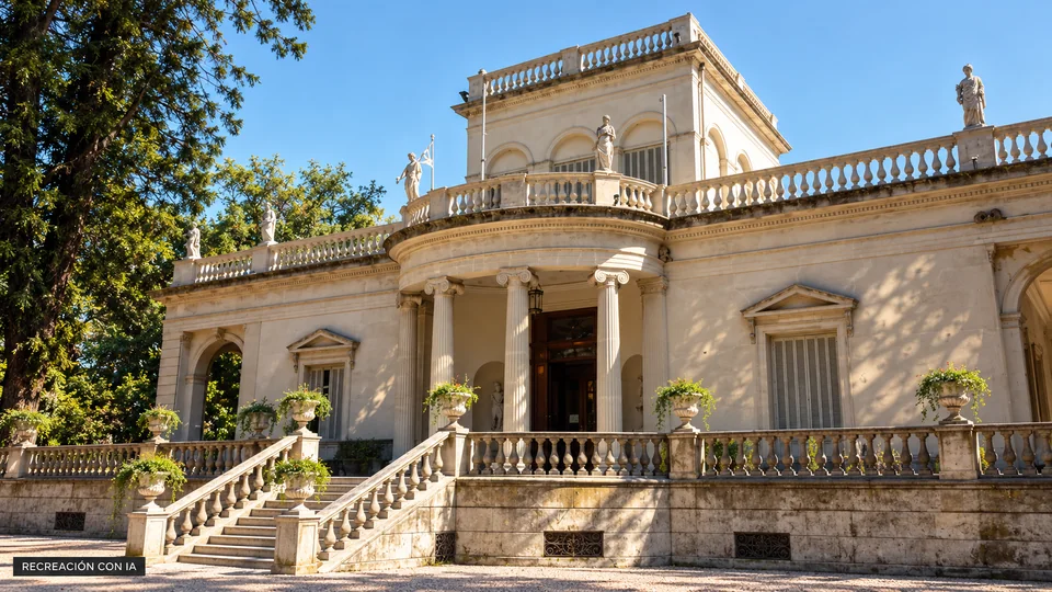 Recreación con IA de la fachada del Museo Blanes, con pórtico semicircular, columnas jónicas, escalinata y sombras de árboles.