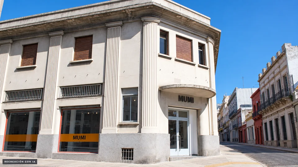 Recreación con IA de la esquina del MUMI, con pilastras acanaladas, entrada curva y marquesina ovalada.
