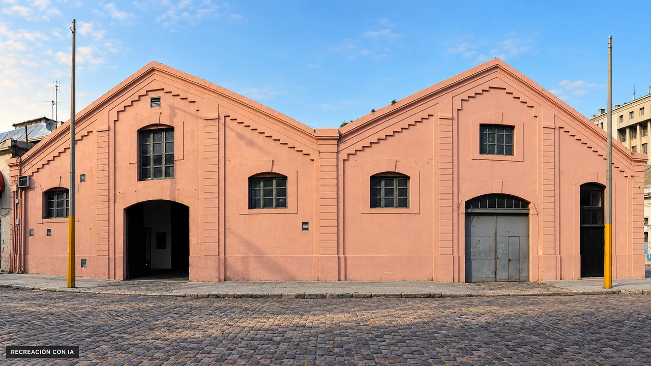 Recreación con IA de la fachada rosada del Museo del Carnaval, con dos hastiales escalonados y adoquines en primer plano.