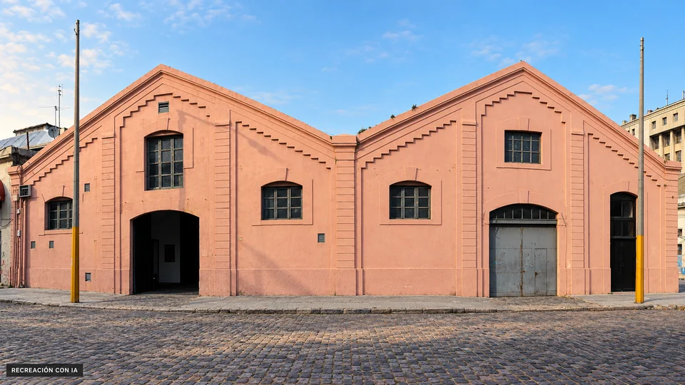 Recreación con IA de la fachada rosada del Museo del Carnaval, con dos hastiales escalonados y adoquines en primer plano.