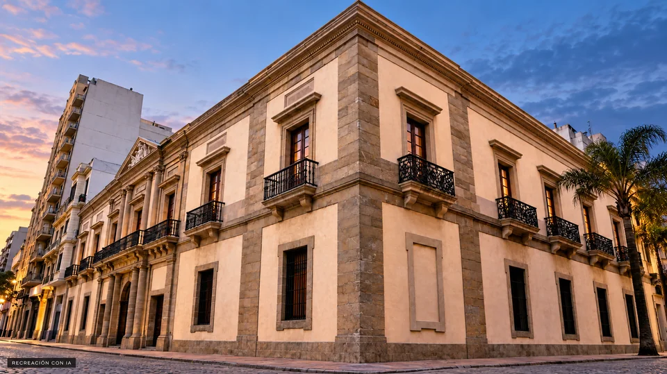 Recreación con IA de la fachada del Cabildo de Montevideo, con balcones de hierro y piedra al atardecer.