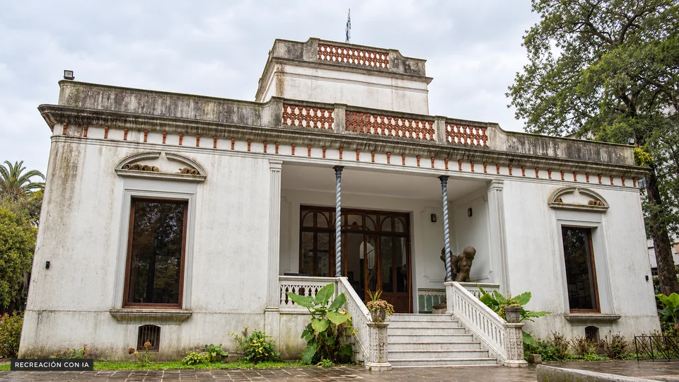 Recreación con IA del Museo de la Memoria, con fachada blanca, escalinata, columnas helicoidales y jardín bajo cielo nublado.